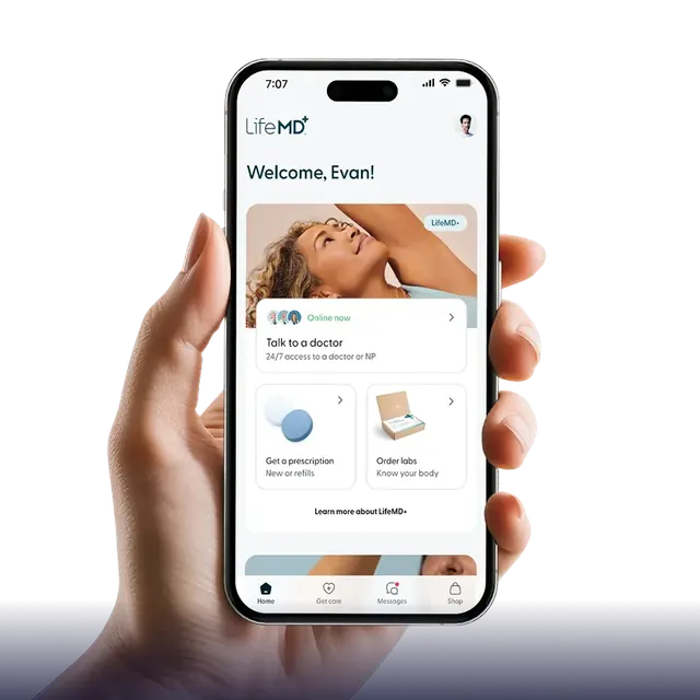The LifeMD app on a phone: talk to a doctor, get a prescription, order labs